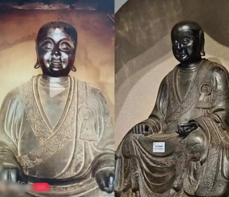 A comparison image posted by netizens: left shows the stolen copper Buddha, right shows the 'ancient bronze arhat statue' at Guanfu Museum.